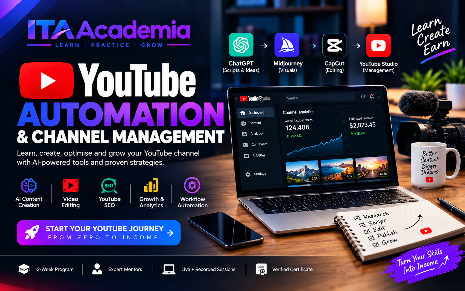 ouTube Automation & Channel Management course by ITA Academia, covering AI video creation, YouTube SEO, channel growth, workflow automation, and monetization strategies.