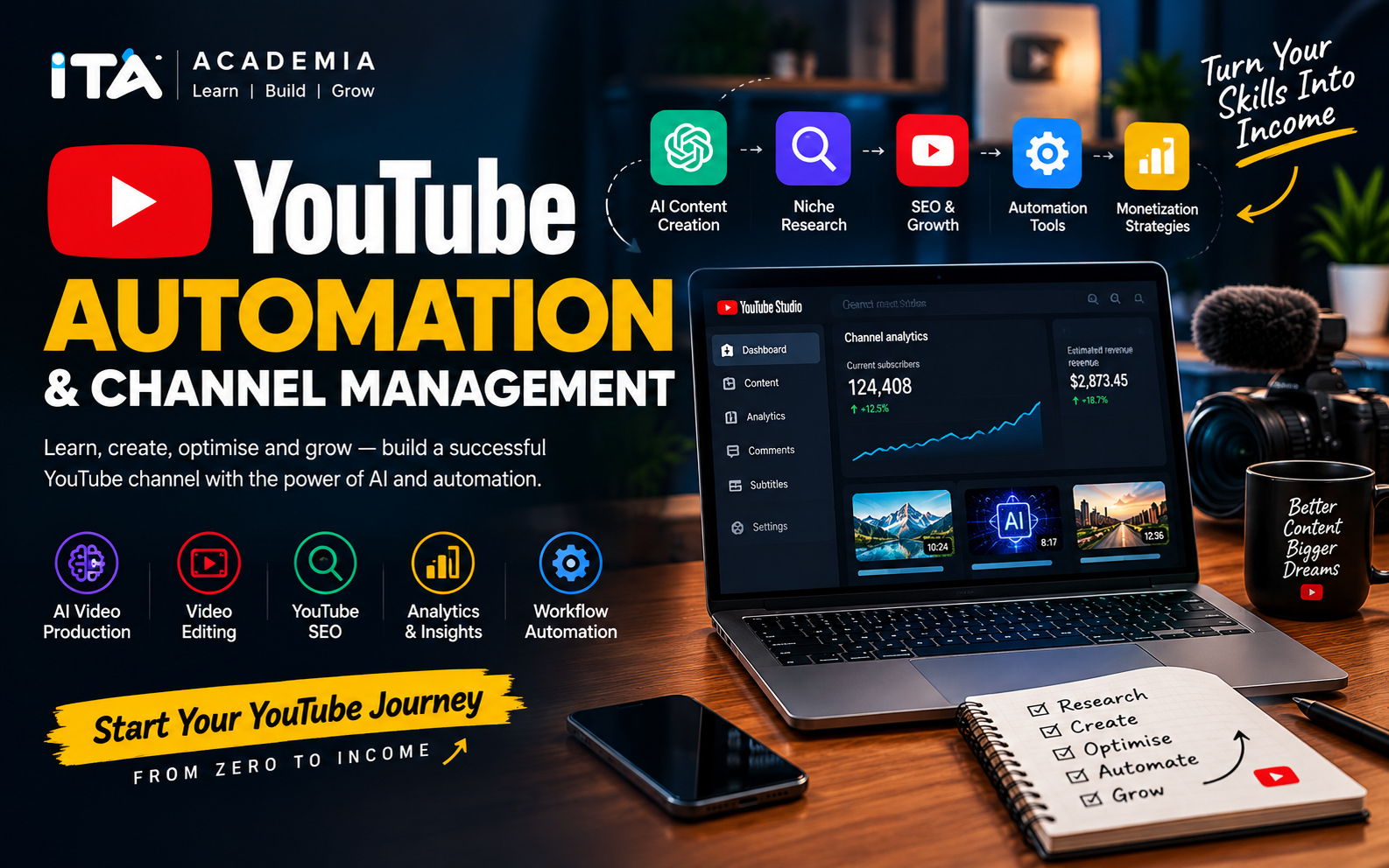 ouTube Automation & Channel Management course by ITA Academia, covering AI video creation, YouTube SEO, channel growth, workflow automation, and monetization strategies.